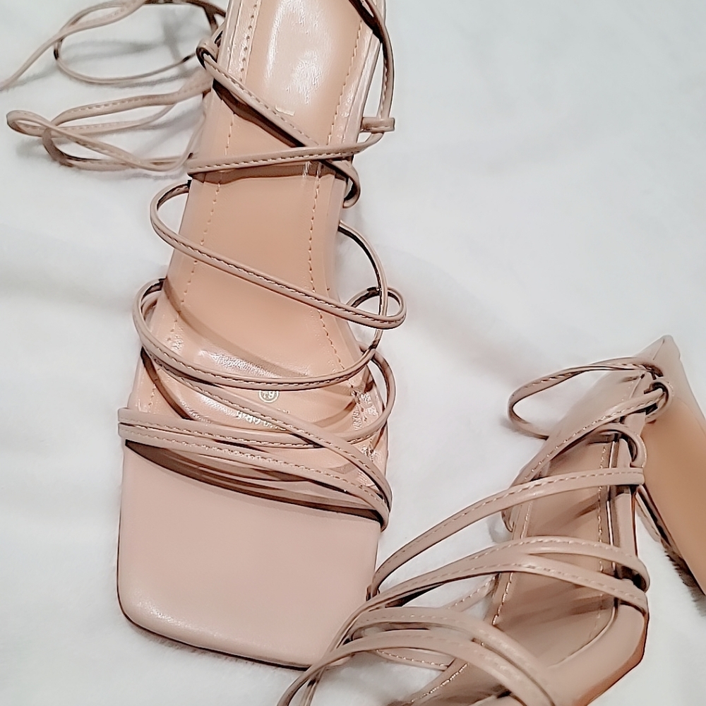 Square Toe Strappy Lace Up Mid Heel Sandal in Nude - Picture 7 of 8